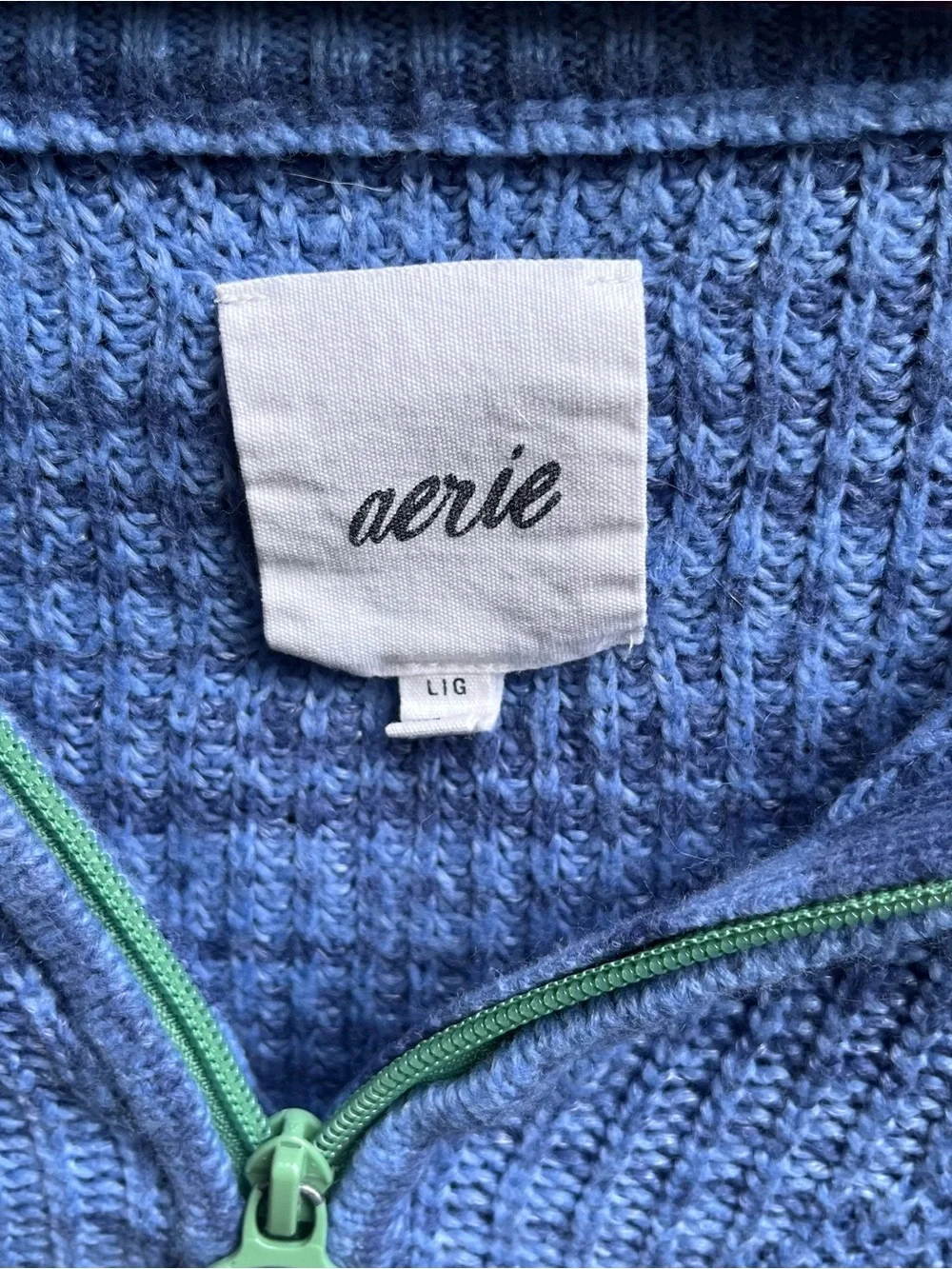 aerie Oversized Blue Knit Quarter-Zip Pullover with Green Zipper - Picture 2 of 3